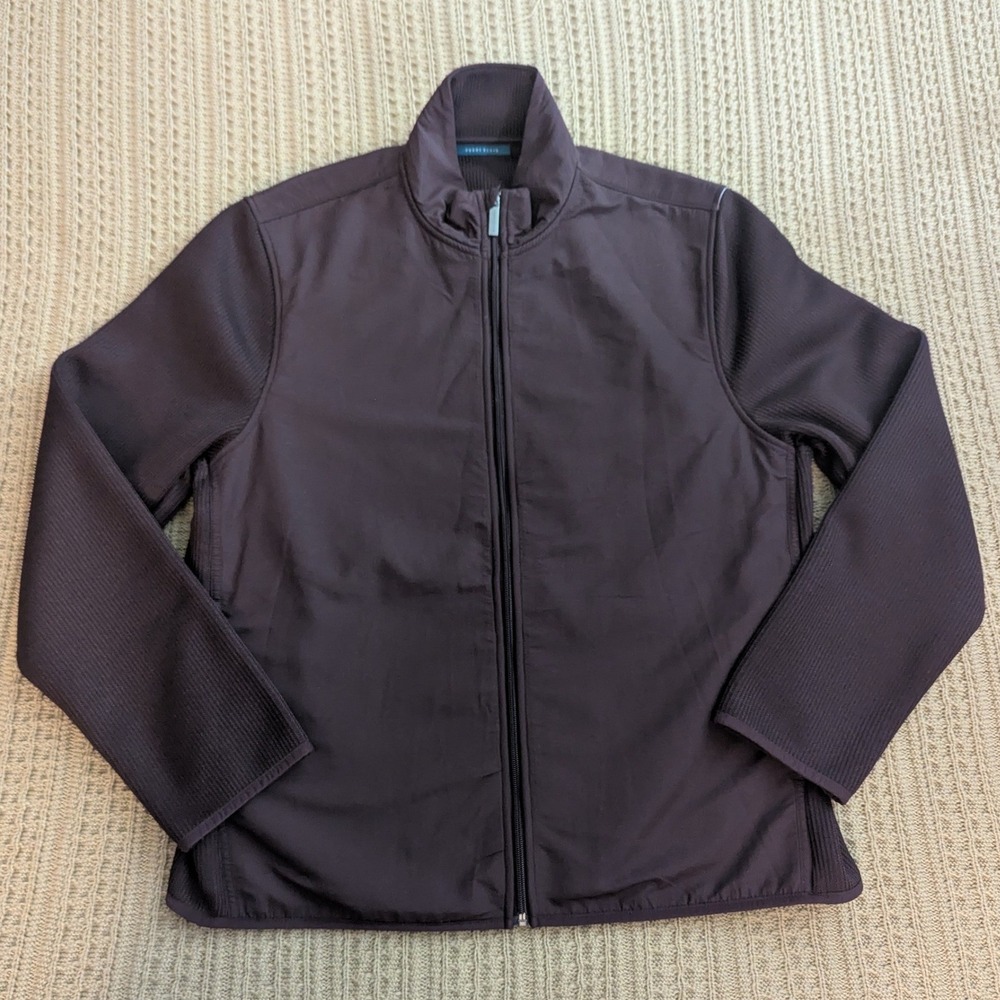 Perry Ellis Mens Full Zip Hybrid Jacket Maroon Ribbed Knit Mock Neck Large